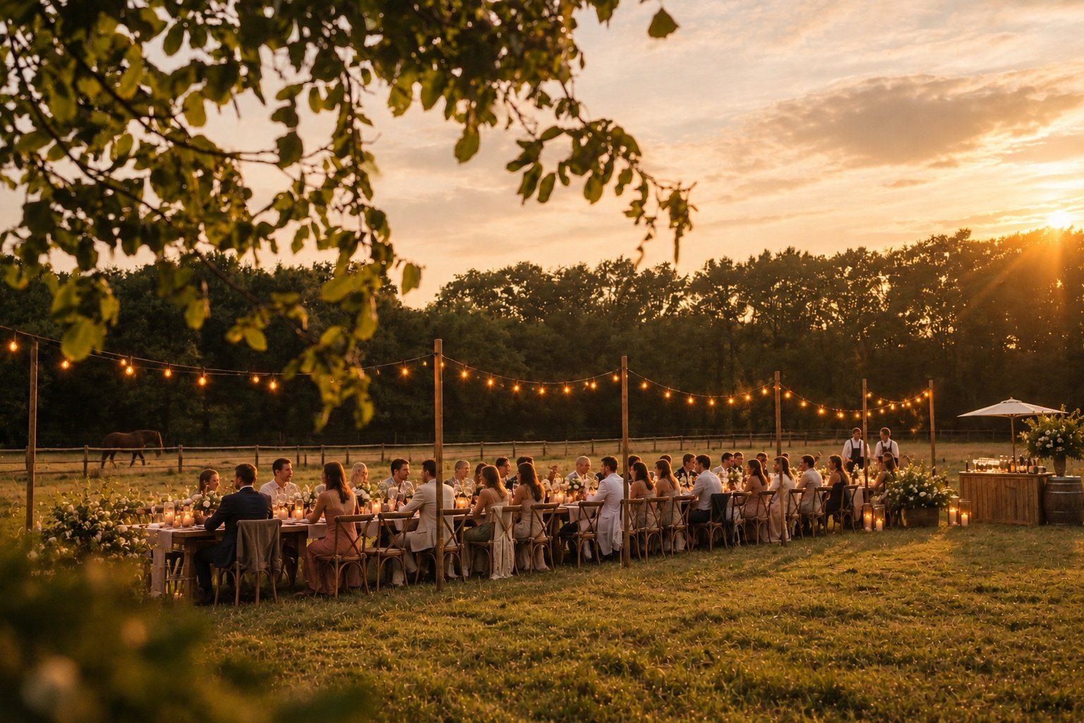 Impression of a long dinner table on the same meadow